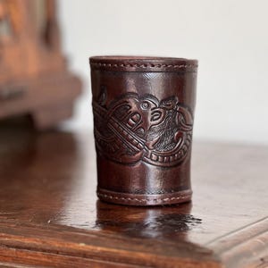 Leather Hand Made Dice Shaker, Leather with Embossed Dragon Motif, Jelling Style, dark brown