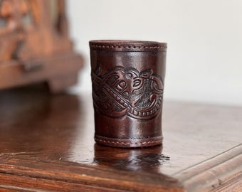 Leather Hand Made Dice Shaker, Leather with Embossed Dragon Motif, Jelling Style, dark brown