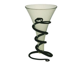 Hand Blown Green Viking glass: 7-11th Century style cone shaped glass with modern stand