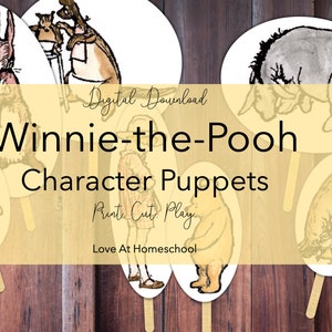 Puede incluir: Marionetas de personajes de Winnie de Pooh imprimibles. El conjunto incluye Winnie de Pooh, Piglet, Eeyore, Owl, Tigger y Rabbit. Las marionetas están sobre fondos ovalados blancos con palos unidos.