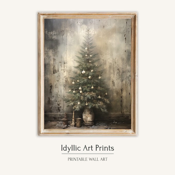 Christmas Tree Painting, Vintage Christmas Decor Printable Wall Art, Muted Neutral Moody Rustic Winter Decor, Christmas Gift Idea