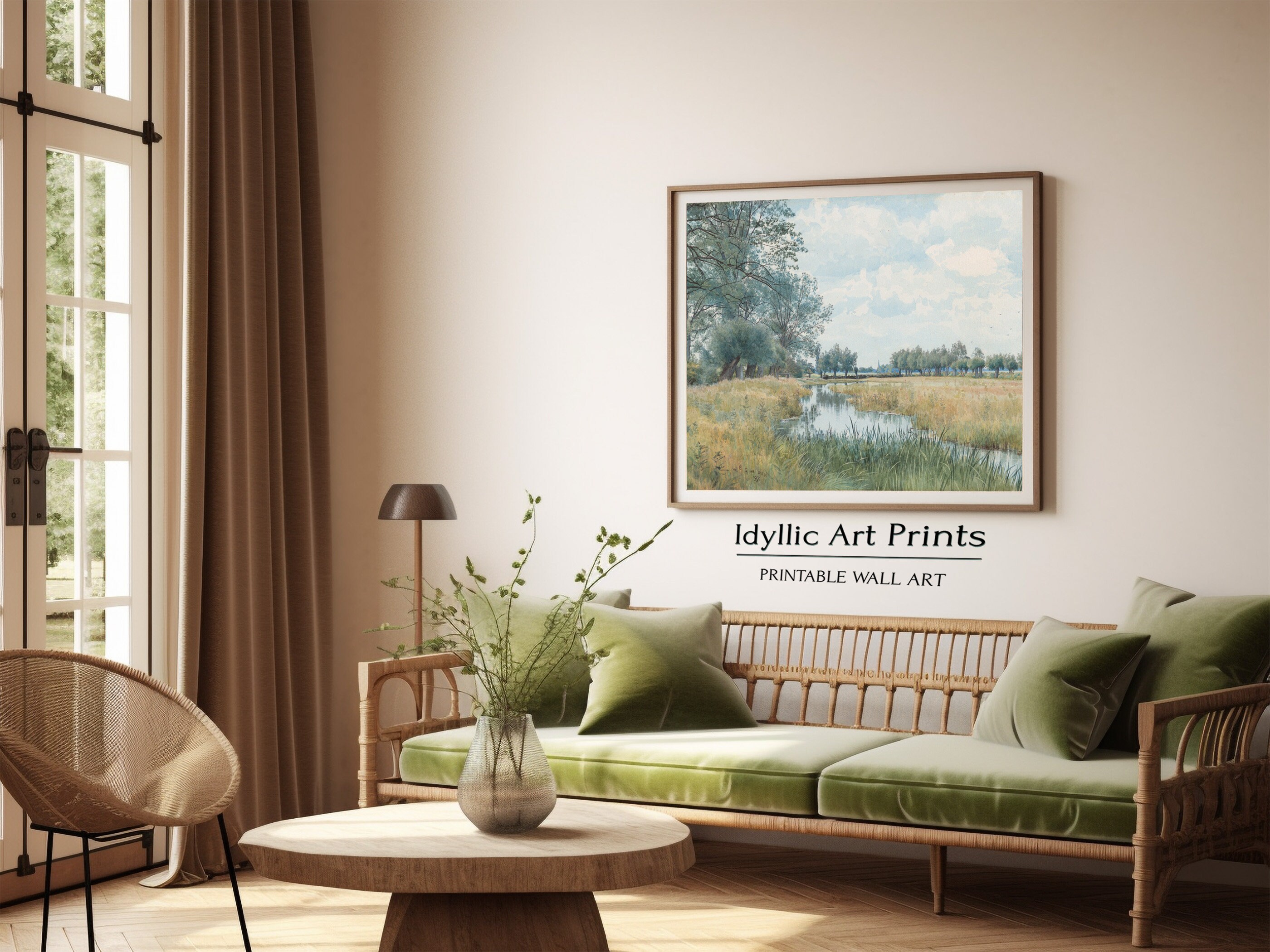 Vintage Watercolor Wall Art Sage Green Retro Country River Etsy