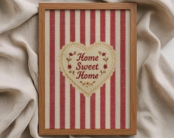 Home Sweet Home Stitched Style Wall Art Vintage Striped Crochet Heart Print Cozy Entryway Decor Cottagecore Kitchen Living Room Printable