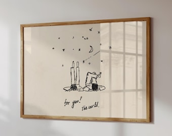 Neutral Horizontal Hand-Drawn Wall Art For You the World Print Minimalist Love Poster Cute Couple Decor Aesthetic Bedroom Digital Download