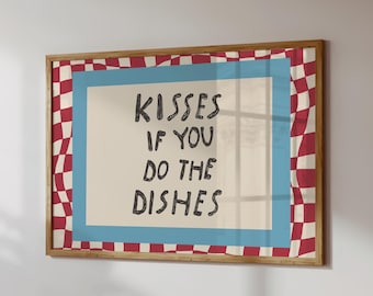Kisses if You Do the Dishes Print Funny Retro Kitchen Wall Art Red Checkered Blue Hand Drawn Humor Dining Room Decor Couple Gift Home Poster