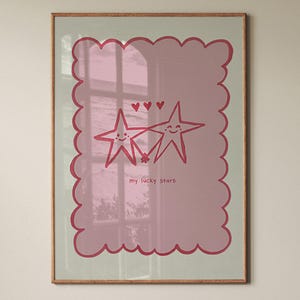 Estampado de estrellas de la suerte, ilustración minimalista retro en pintura acrílica para dormitorio, arte de pared boho rosa para guardería, póster con cita inspiradora, decoración moderna