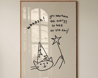 Hand-drawn cat wizard wall art vertical cute print magical line art neutral poster kitchen art aesthetic bedroom decor Digital download