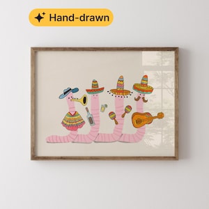 Puede incluir: Una impresión enmarcada con una ilustración de gusanos rosas vestidos con atuendos mexicanos. Un gusano toca la trompeta, otro sostiene una botella y otros tocan maracas y una guitarra. El texto "Hand-drawn" está en la esquina superior izquierda.