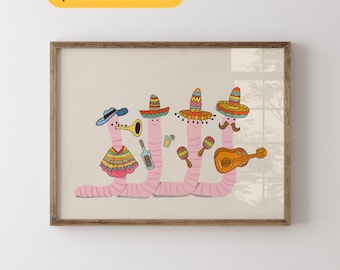 Whimsical Mariachi Worms Colorful Hand Drawn Mexican Folk Art Cute Singing Worm Tequila Illustration Funny Nursery Kitchen Wall Decor Print