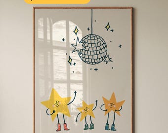 Cowboy Disco Stars Print Hand-drawn Colorful Whimsical Stars Retro Cozy Home Decor Trendy Wall Art Drawing Nursery Printable Boho Celestial