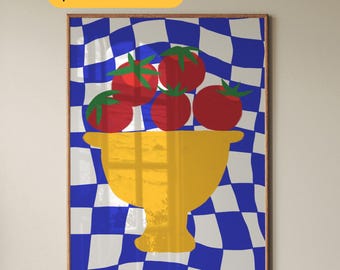 Tomato Bowl Print Retro Checkered Kitchen Wall Art Bold Blue Yellow Red Hand Drawn Fruit Poster Trendy Dining Room Decor Foodie Gift Art