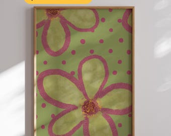 Retro Floral Print Bold Green Pink Daisy Wall Art Hand Drawn Trendy Print Flower Poster Boho Bedroom Decor Eclectic Living Room Gift Her Art