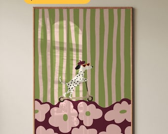 Dalmatian Dog on Scooter Print Green Striped Kids Room Wall Art Whimsical Nursery Decor Playroom Poster Retro Pink Floral Boho Hand Drawn