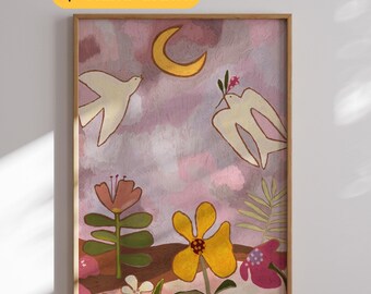 Boho Floral Bird Print Hand Drawn Wall Art Pink Moon Dove Botanical Poster Eclectic Bedroom Decor Whimsical Nature Living Room Gift Nursery