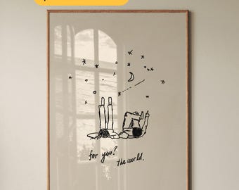 Neutral Vertical Hand-Drawn Wall Art For You the World Print Minimalist Love Poster Cute Couple Decor Aesthetic Bedroom Digital Download