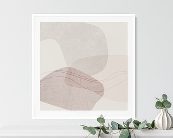 May include: Abstract art print with overlapping shapes in shades of pink and beige. The print is framed in a white frame.