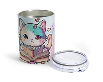 Cute Book Cat Tumbler 10oz | Hearts and Cat tumbler