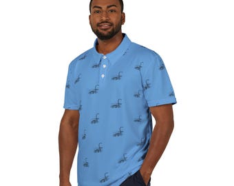 May include: Light blue polo shirt featuring a repeating pattern of a stylized sea creature. The shirt has a classic collar and button-up placket. The short-sleeved shirt is made of a lightweight material.