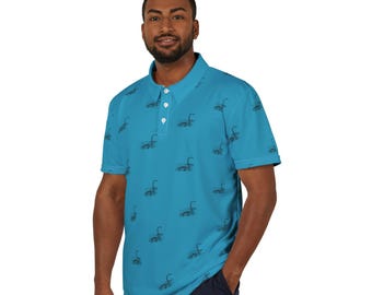 May include: A blue short-sleeved polo shirt with a repeating pattern of black sea serpent illustrations.