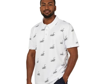 May include: A white short-sleeved polo shirt with a repeating pattern of black and white illustrations of a mythical sea creature.