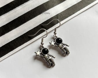 Cool quirky silver stem silver space astronaut science earrings on surgical steel hooks