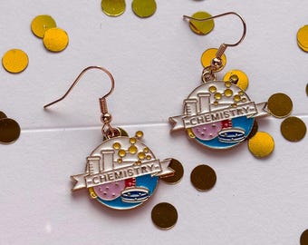 Cool quirky science blue flask beaker chemistry experiment drop dangle gold earrings