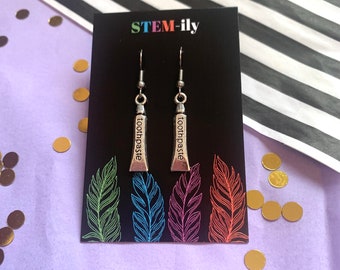 Toothpaste Earrings, Quirky Silver Dentist Jewelry, Surgical Steel