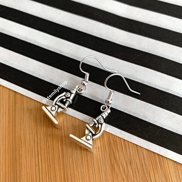 Cool quirky silver microscope science biology earrings on silver plated hooks