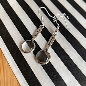 Cool quirky silver magnifying glass stem science drop dangle biology earrings on silver plated hooks