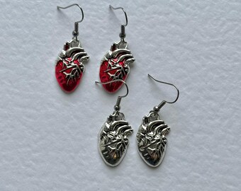 Silver or red Anatomical Heart Earrings, Quirky Science Jewelry hypoallergenic hooks