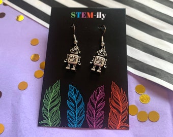 Silver Robot Earrings on Surgical Steel Hooks, STEM Tech Jewelry