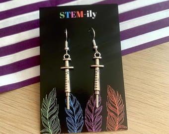 Cool quirky silver syringe science biology nurse earrings on silver plated hooks