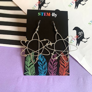 Cool silver stainless steel quirky chemistry atom symbol planet space stem drop dangle science teacher earrings on surgical steel