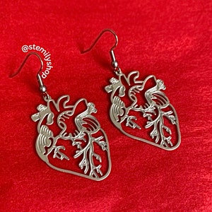 Cool quirky anatomical heart statement silver stainless steel drop dangle earrings handmade on surgical steel hooks