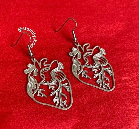 Anatomical Heart Earrings, Stainless Steel, Surgical Steel Hooks