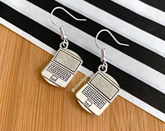 Laptop Computer Earrings, Quirky Silver Tech Jewelry on Surgical Steel Hooks