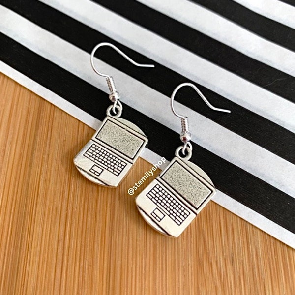Cool quirky silver laptop computer stem earrings on silver plated hooks