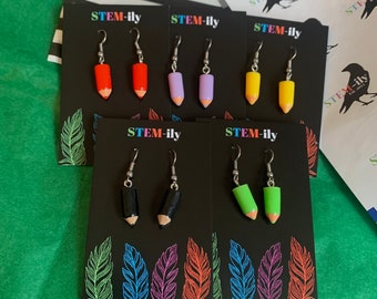 Handmade Pencil Dangle Earrings, Surgical Steel Hooks