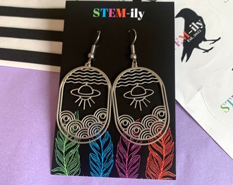 UFO Earrings: Stainless Steel Alien Dangle Earrings, Surgical Steel Hooks