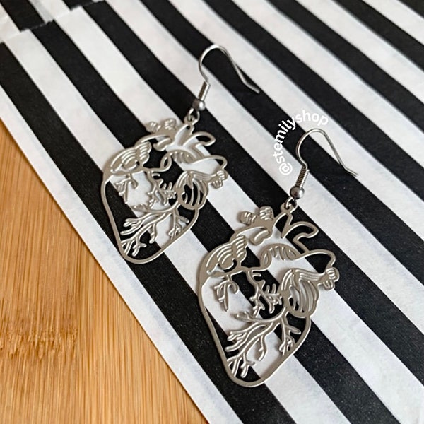 Cool quirky anatomical heart statement silver stainless steel drop dangle earrings handmade on surgical steel hooks