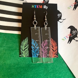 Cool quirky clear miniature stationary ruler drop dangle handmade earrings on surgical steel hooks