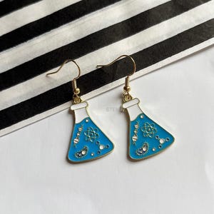 Cool quirky science blue flask beaker experiment drop dangle gold earrings