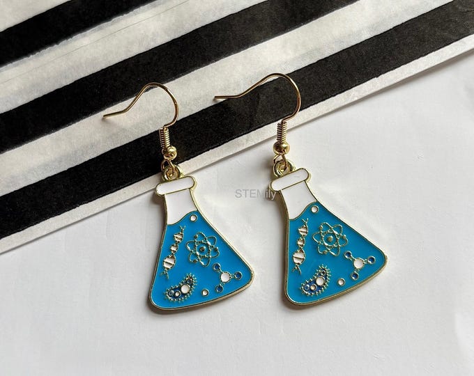 Cool quirky science blue flask beaker experiment drop dangle gold earrings