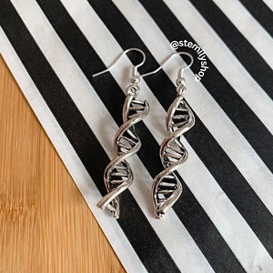 Cool quirky silver DNA genetics stem science drop dangle biology earrings on silver plated hooks