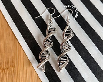 DNA Earrings, Silver Science Dangle Earrings Surgical Steel Hooks