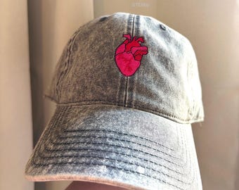 Cool pink and red anatomical heart embroidered science biology Vintage effect Cotton Twill unisex Cap