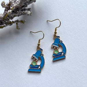 Blue Microscope Science Biology Dangle Earrings, 18k Gold Plated Hooks