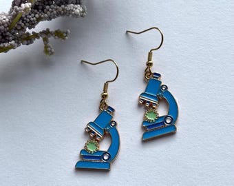 Blue Microscope Science Biology Dangle Earrings, 18k Gold Plated Hooks