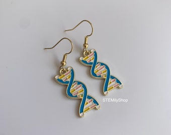 Cool quirky gold and blue DNA science biology earrings on 18k gold plated hooks