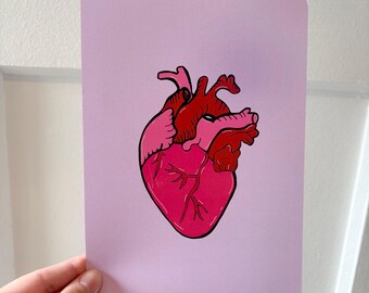 Anatomical pink and red heart hand drawn art print in A4 or A5